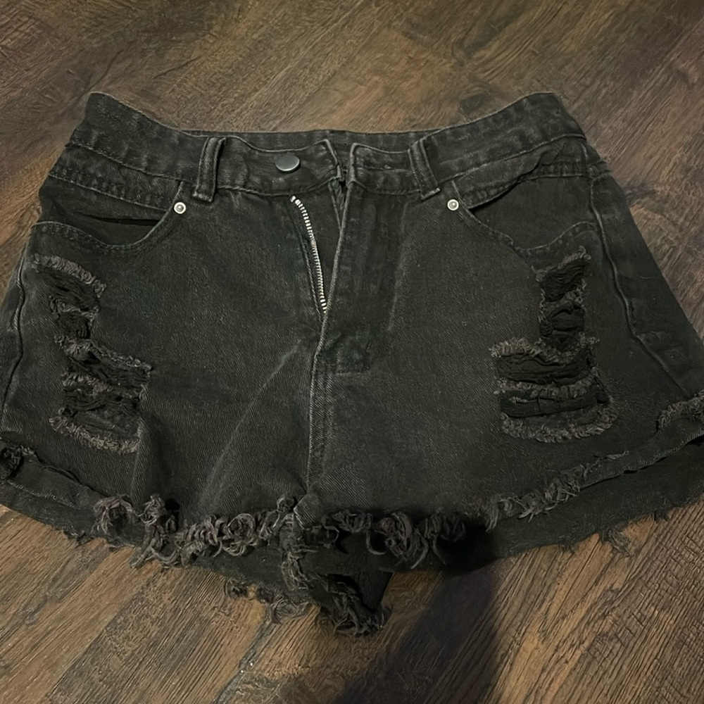 black, denim shorts